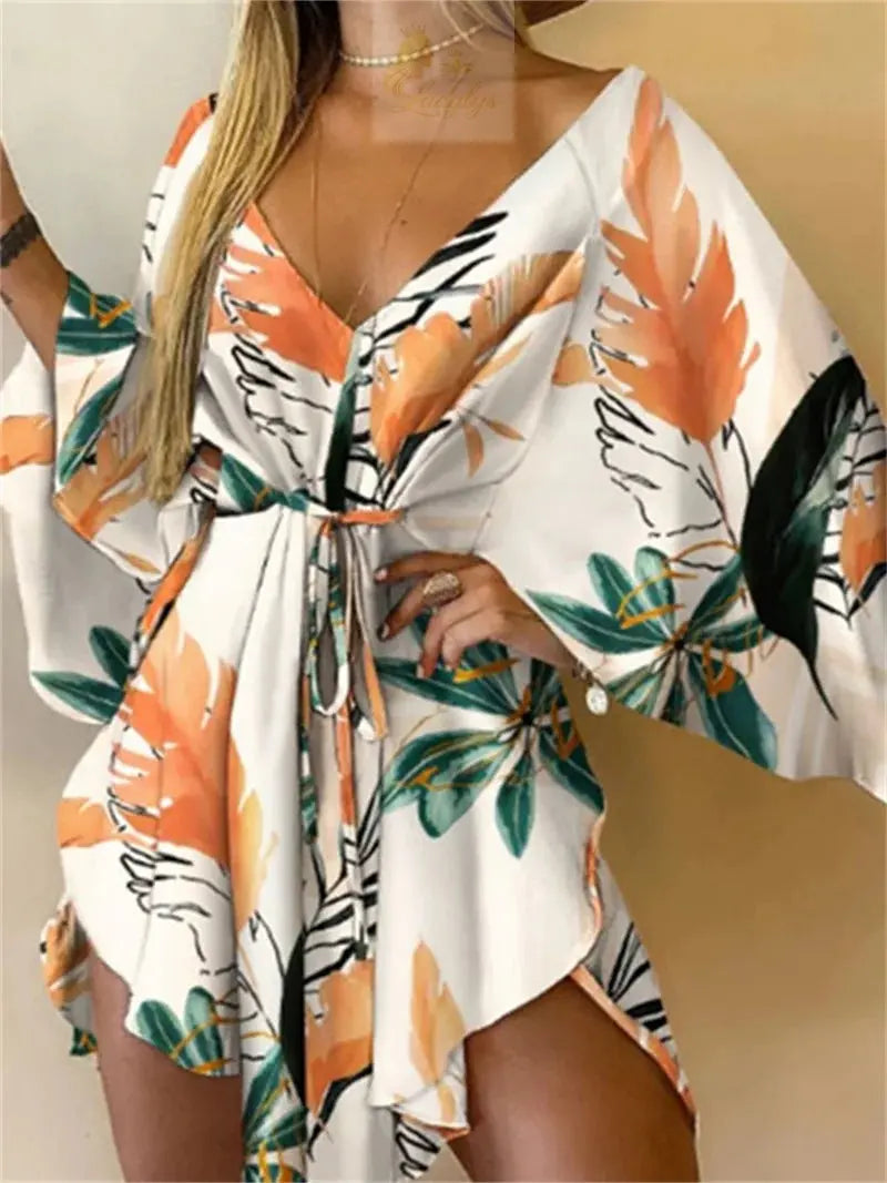 Print Dress Sexy V-Neck Bat Sleeve Ruffl Flowers Mini LADYLYS