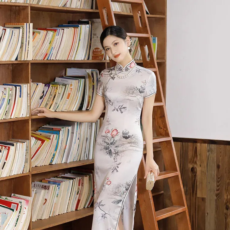 Printed Short-Sleeve Qipao-Inspired Midi Dress