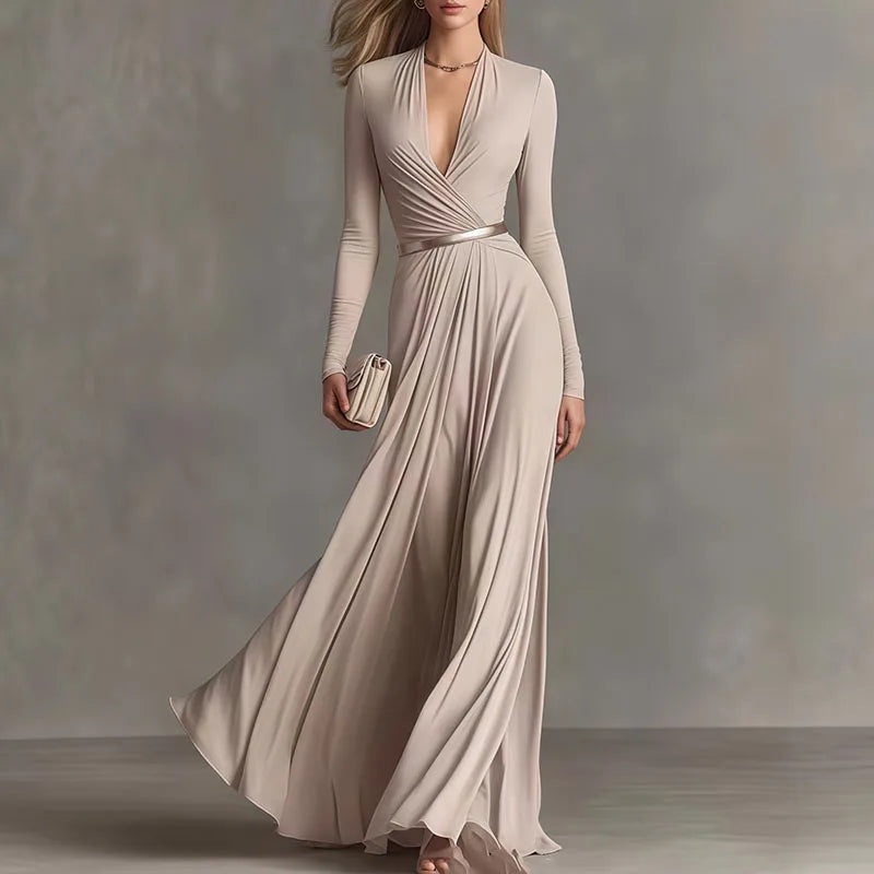 Women's Elegant Deep V-Neck Maxi Dress with Long Sleeves and Ruched Tie Waist
