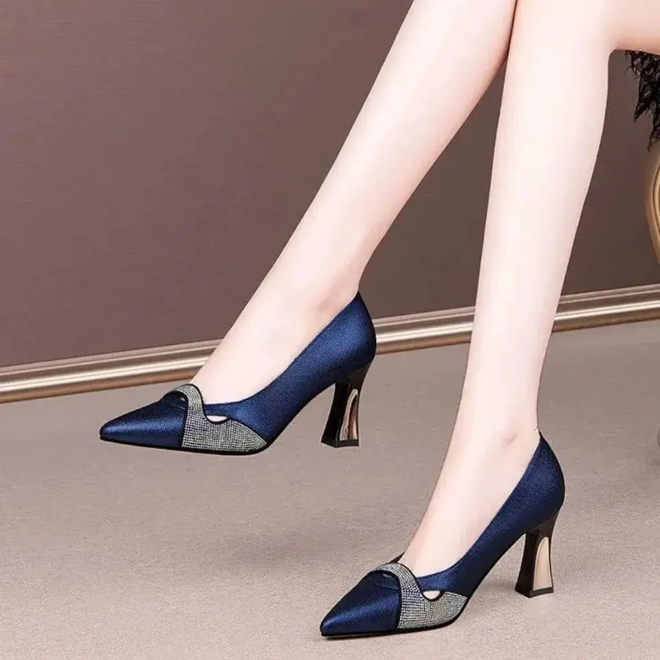 Cute Sweet Navy Blue High Quality Floral Crystal Comfort Pumps Lady Fashion LADYLYS