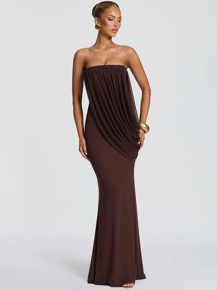 Mesh Backless Off-Shoulder Maxi Dress – Ruched High Waist Slim Evening Gown