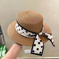 Women’s Wide Brim Straw Sun Hat – Pearl & Dot Ribbon Elegant Beach Cap