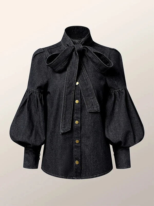 Trendy Imitation Denim Blouse Tops for Women Long Puff Sleeves Bow-Embellished