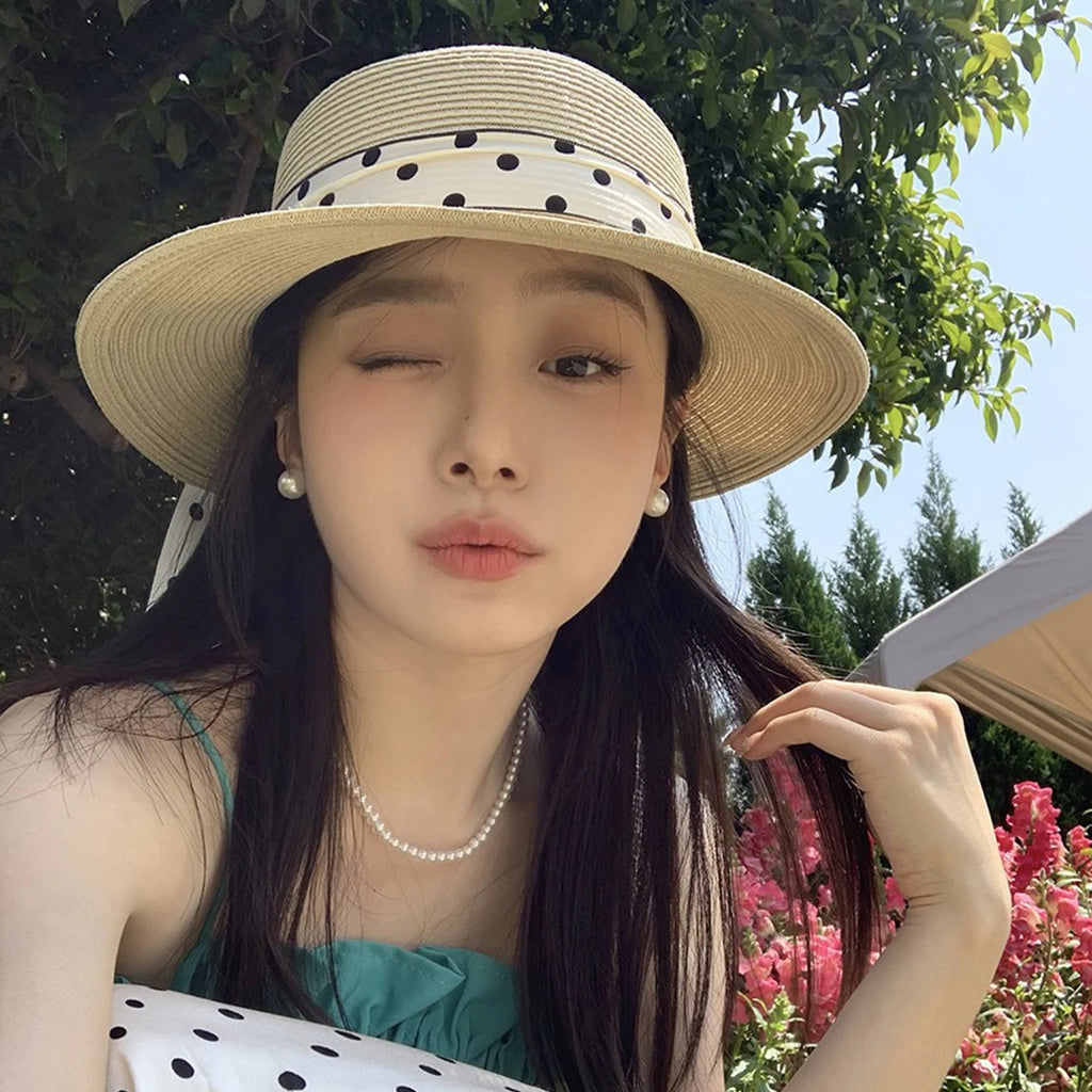 Women’s Wide Brim Straw Sun Hat – Pearl & Dot Ribbon Elegant Beach Cap