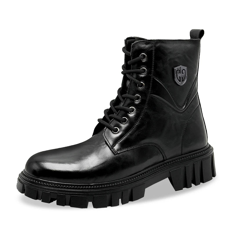 Men's Split Leather Motorcycle Ankle Boots – High-Top Slip-On Thick Sole Winter Boots