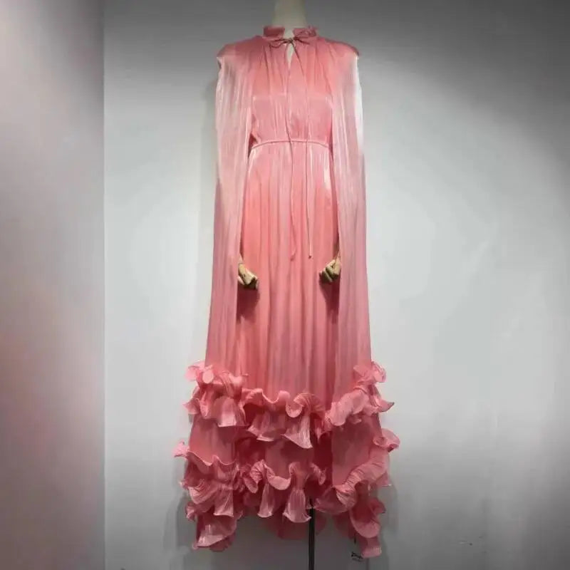 Women's V-Neck Cape Sleeve Maxi Dress – Ruffle Edge, A-Line Floor-Length