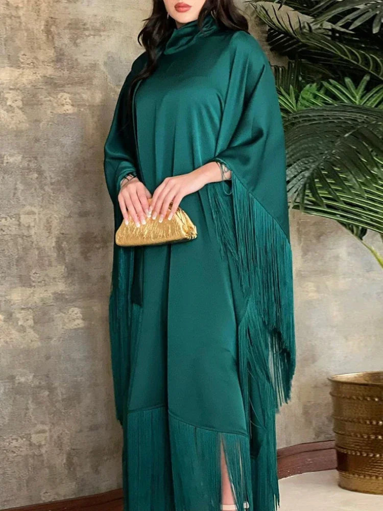 Women's Elegant Tassel Abaya Kaftan – Loose Long Evening Dress | Eid, Ramadan & Party Occasion