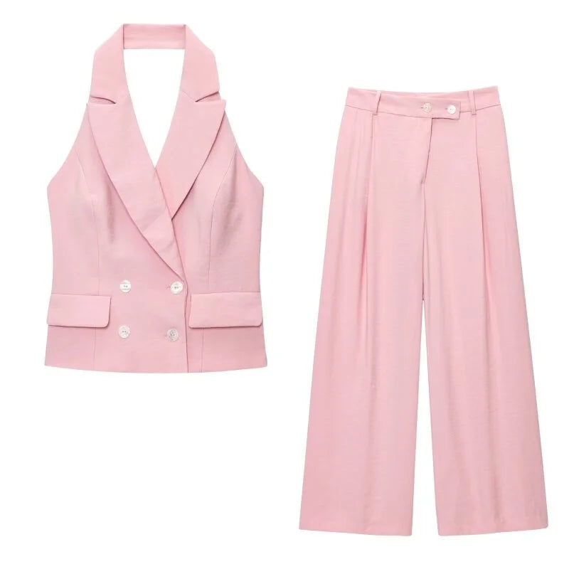 Summer Two Tone Halter Blazer Vest & Matching Wide Leg Pants Set LADYLYS