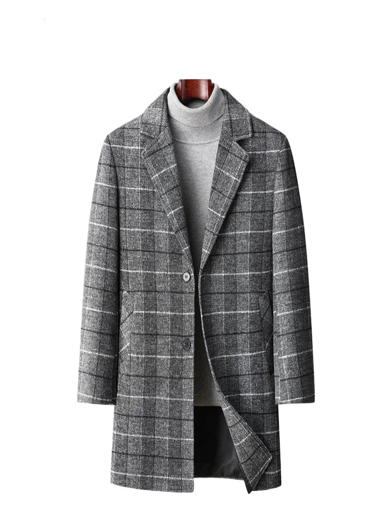 Men's Plaid Cashmere Trench Coat – Business Casual, Winter Luxury Outerwear