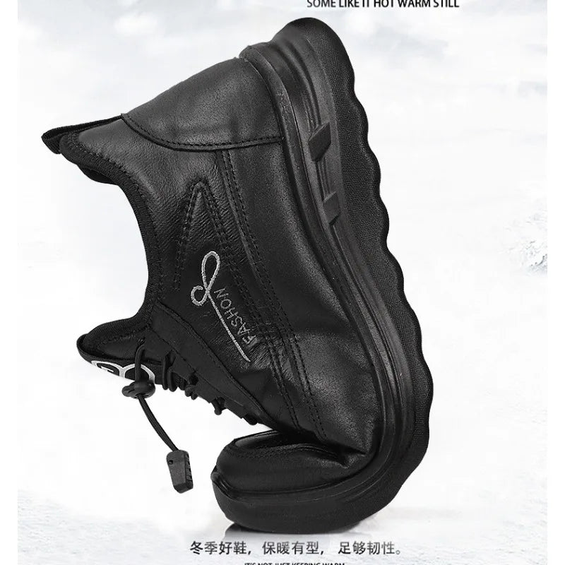 Men's Warm Plush-Lined Lace-Up Ankle Boots – Winter PU Leather Booties