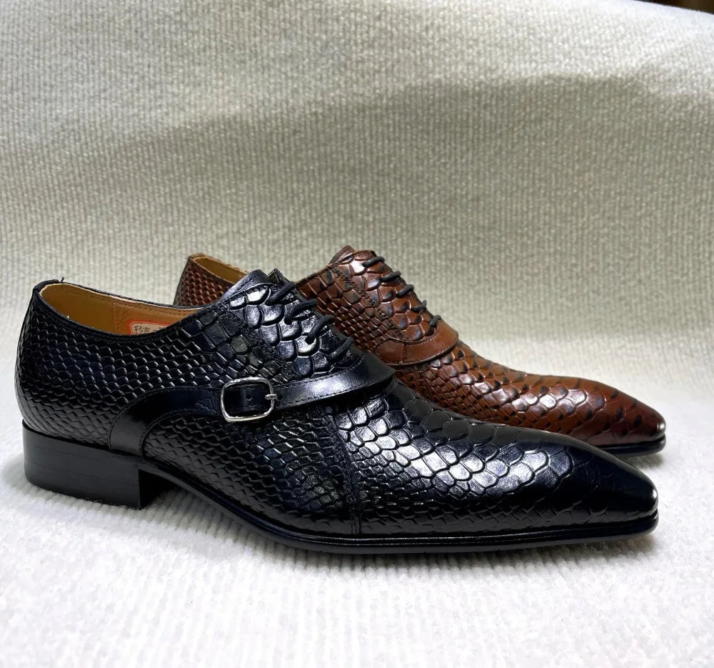Italian-Style Handcrafted Leather Oxford Shoes – Python Pattern, Pointed Toe