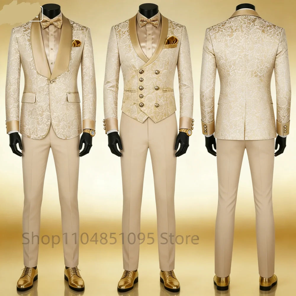 Men’s Champagne Jacquard Three-Piece Wedding Tuxedo