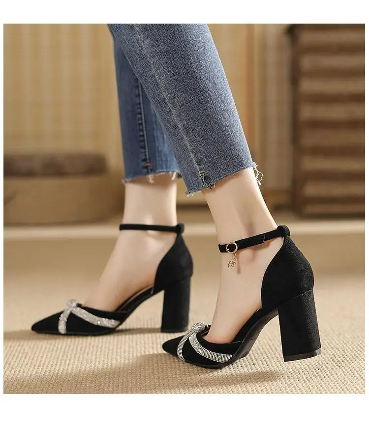 Chunky Heel Hollow Point Toe High Heels Women Shoes Solid Color Ankle Strap Rhinestone Black Heels LADYLYS