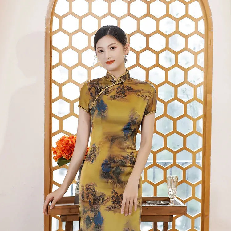 Printed Short-Sleeve Qipao-Inspired Midi Dress