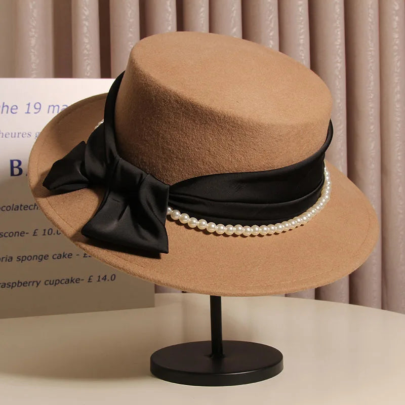 French Light Luxury Pearl Bow  Felt Flat Top Formal Hat Elegant LADYLYS