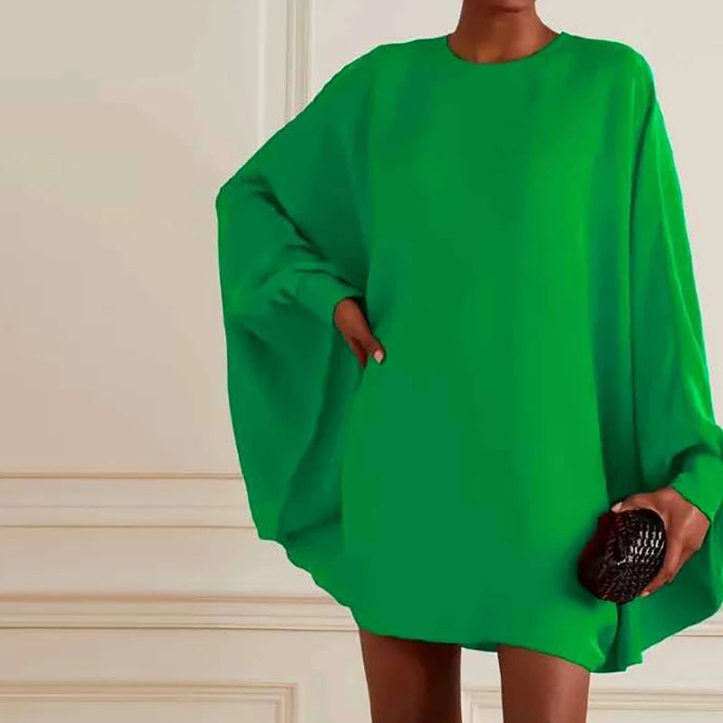 Batwing Sleeve Mini Dress – Turtleneck Loose Fit Patchwork | Casual Holiday & Party