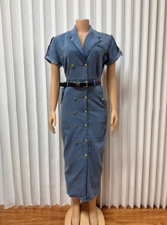 Double-Breasted Denim Dress – Short Sleeve Belted Knee-Length Casual Dress