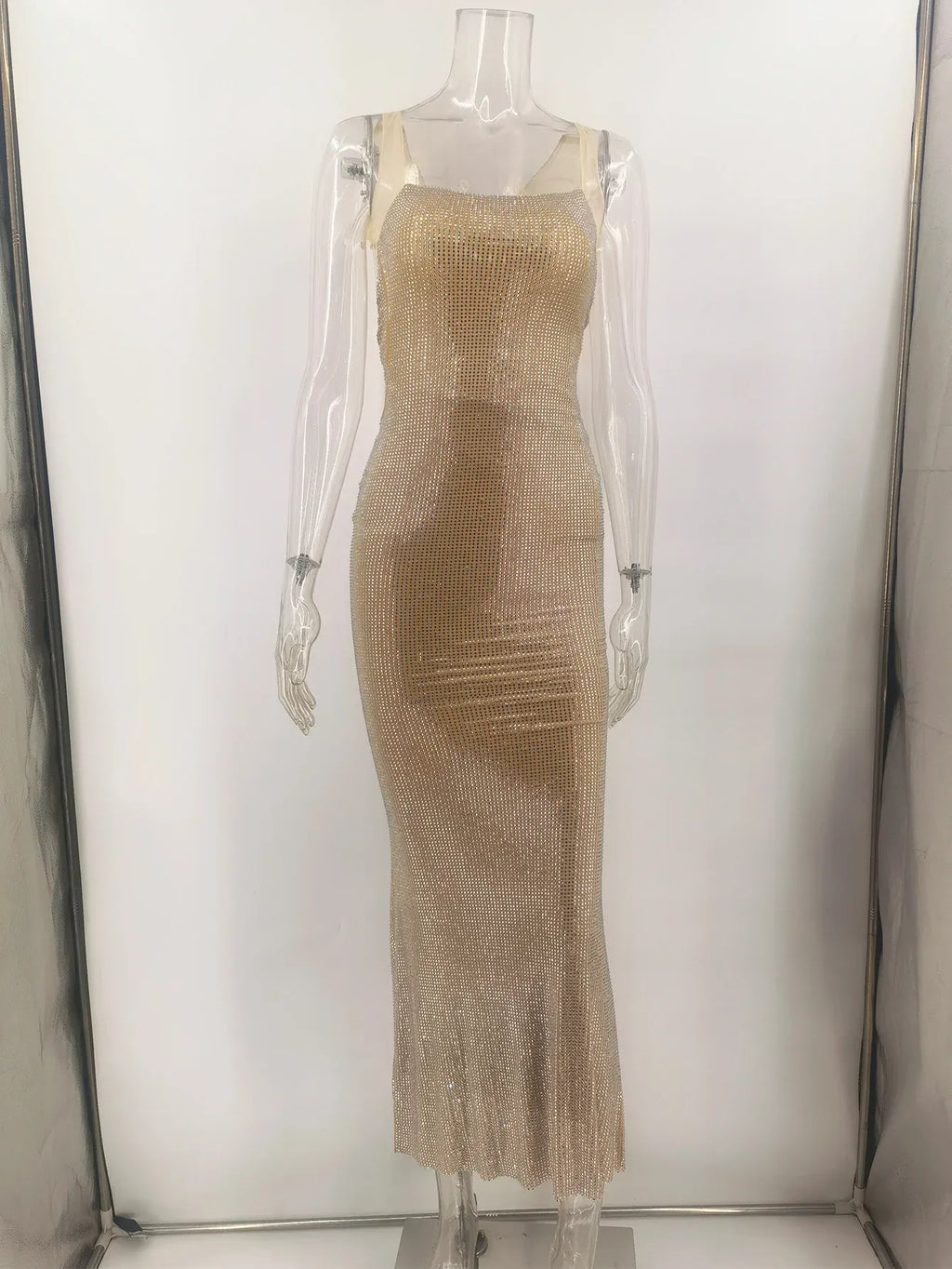 Rhinestone Backless V-Neck Maxi Dress