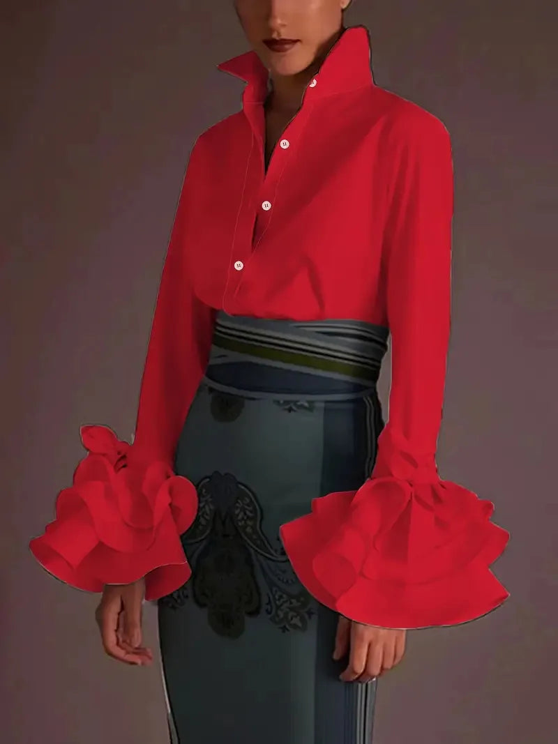 Blouse Shirt Temperament Elegant Slim Solid Color Lotus Leaf Sleeves