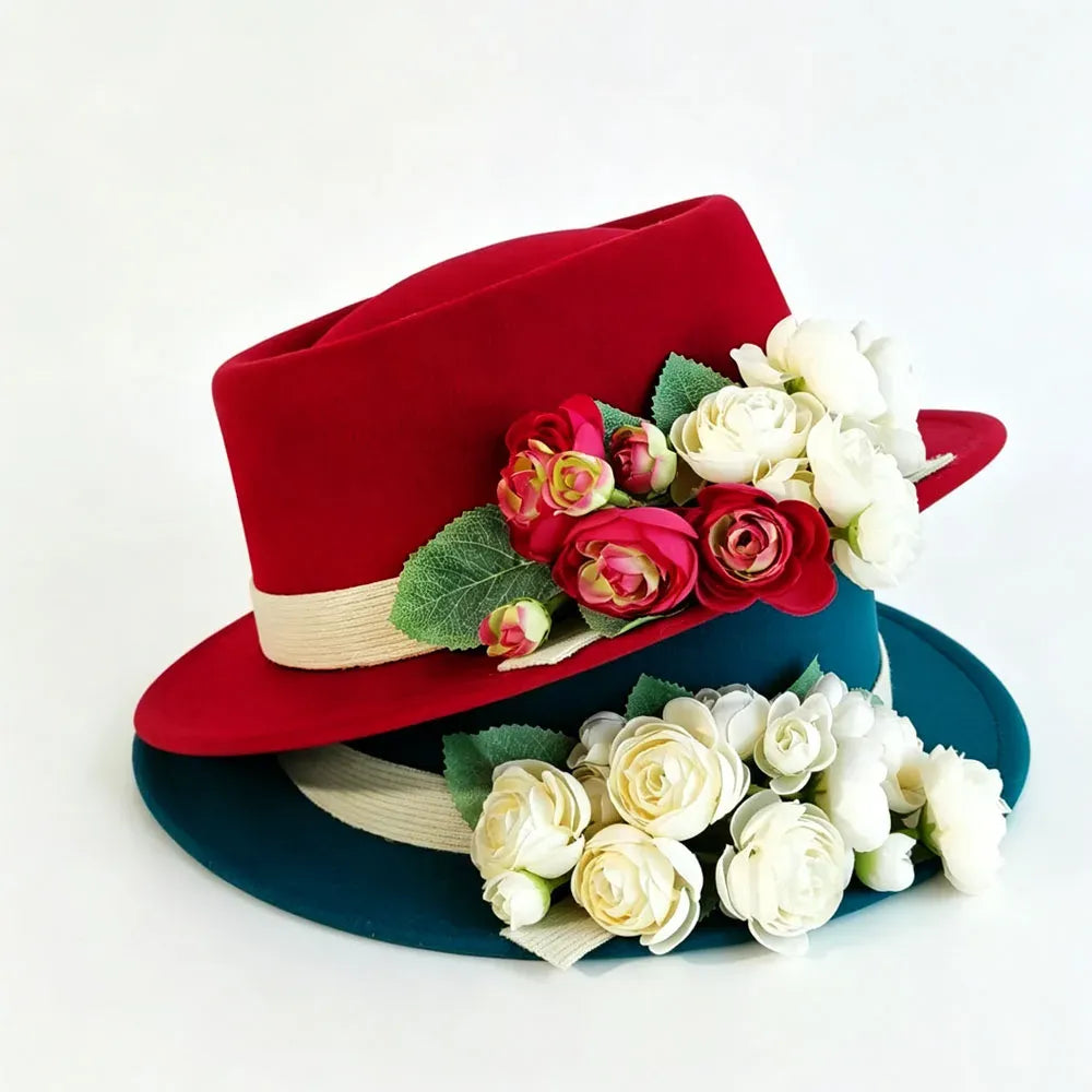 Floral Fedora Hat with Ribbon and Small Brim