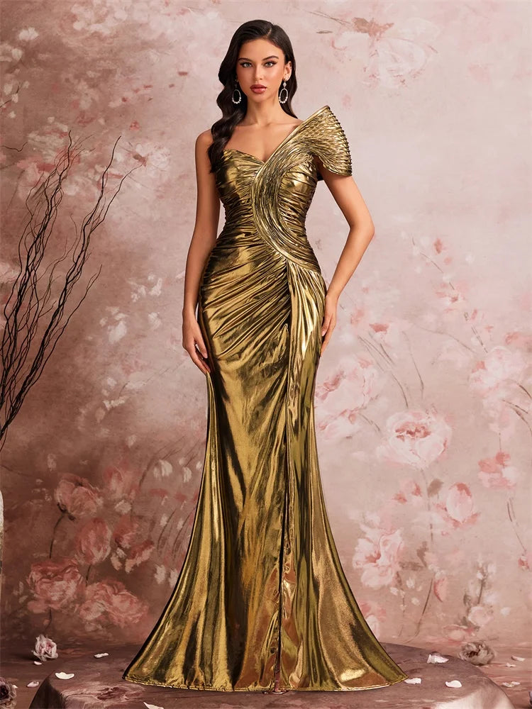 Luxury Off-Shoulder Mermaid Evening Gown – Backless Satin Formal Prom Dress