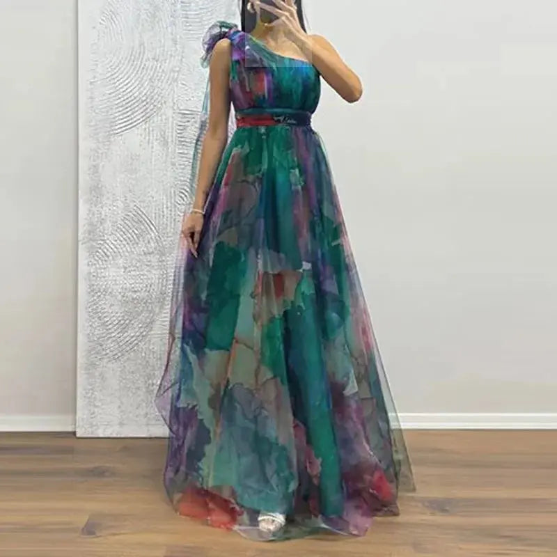 Sexy Slanted Neck Bow Tie Up Slim Long Dress Elegant Mesh Waist Banquet Dress LADYLYS