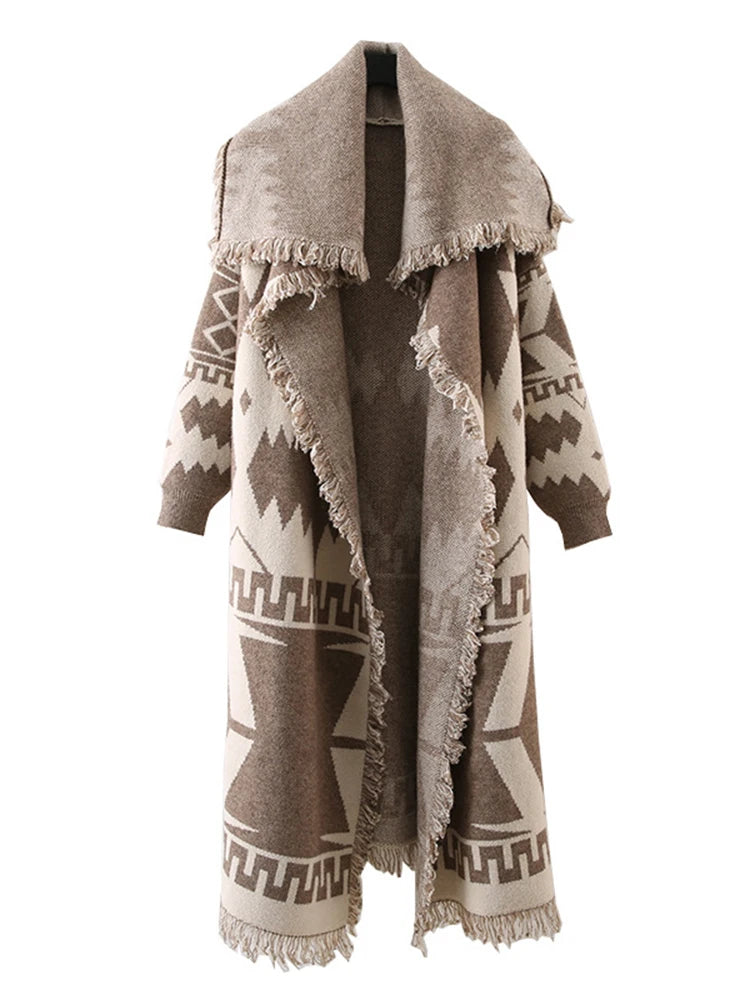 Women's Vintage Khaki Knit Cardigan Coat with Tassel Trim and Wide Lapels