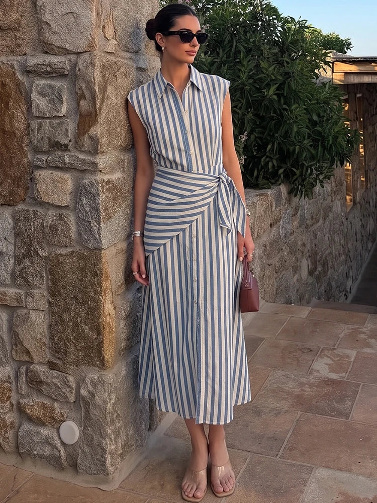 Striped Sleeveless Shirt Dress – Single-Breasted Detachable Waist Tie Maxi Dress