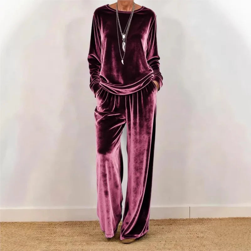 Women's Velvet O-Neck Top & Wide Leg Pants Set — Solid Color 2-Piece Outfit
