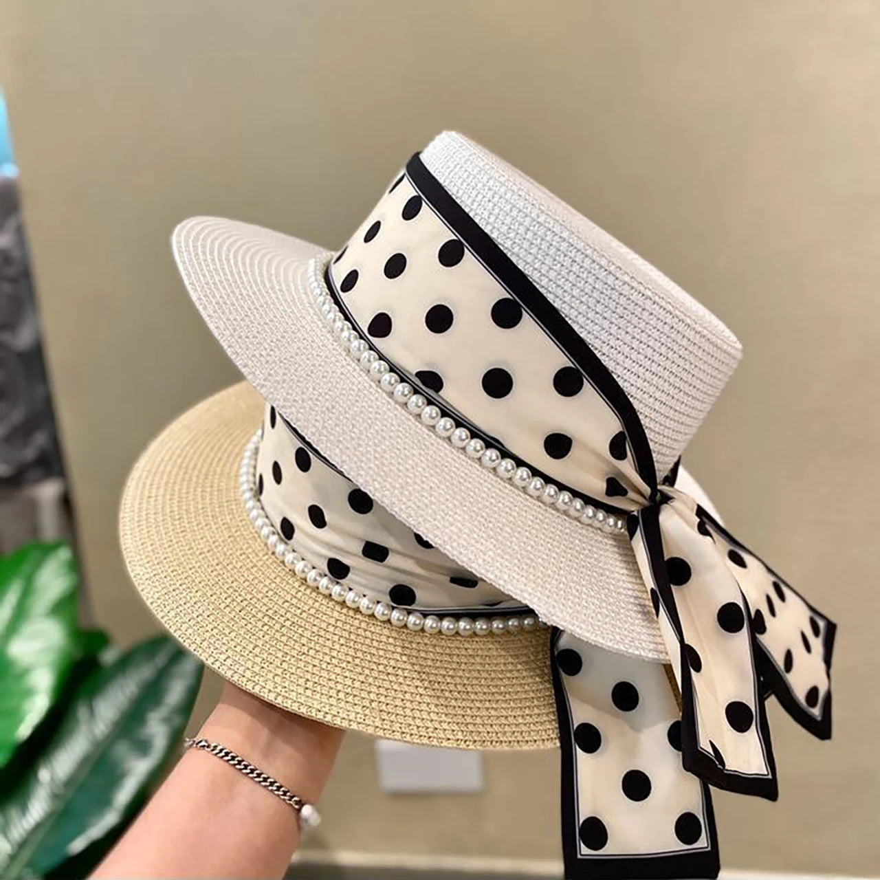 Women’s Wide Brim Straw Sun Hat – Pearl & Dot Ribbon Elegant Beach Cap