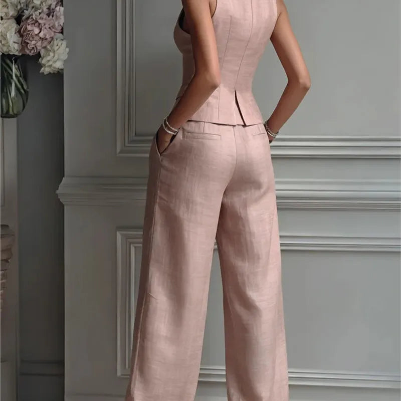 Sleeveless Vest & Wide-Leg Trousers 2-Piece Set – Women’s Office Suit