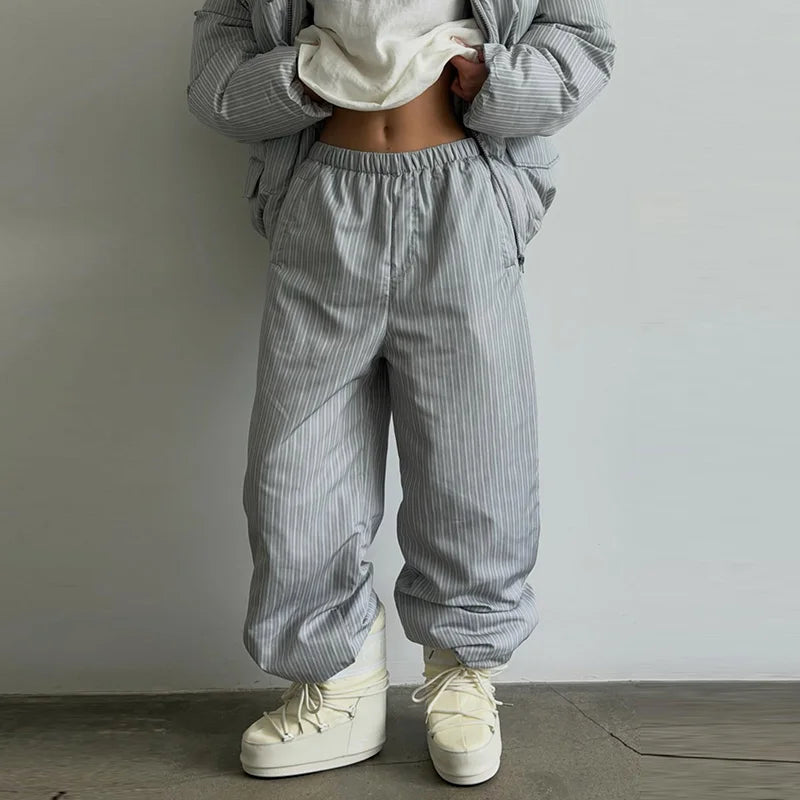 Women's Striped 2-Piece Set – Zip-Up Hooded Puffer Coat & Wide-Leg Jogger Pants | Warm Winter Suit