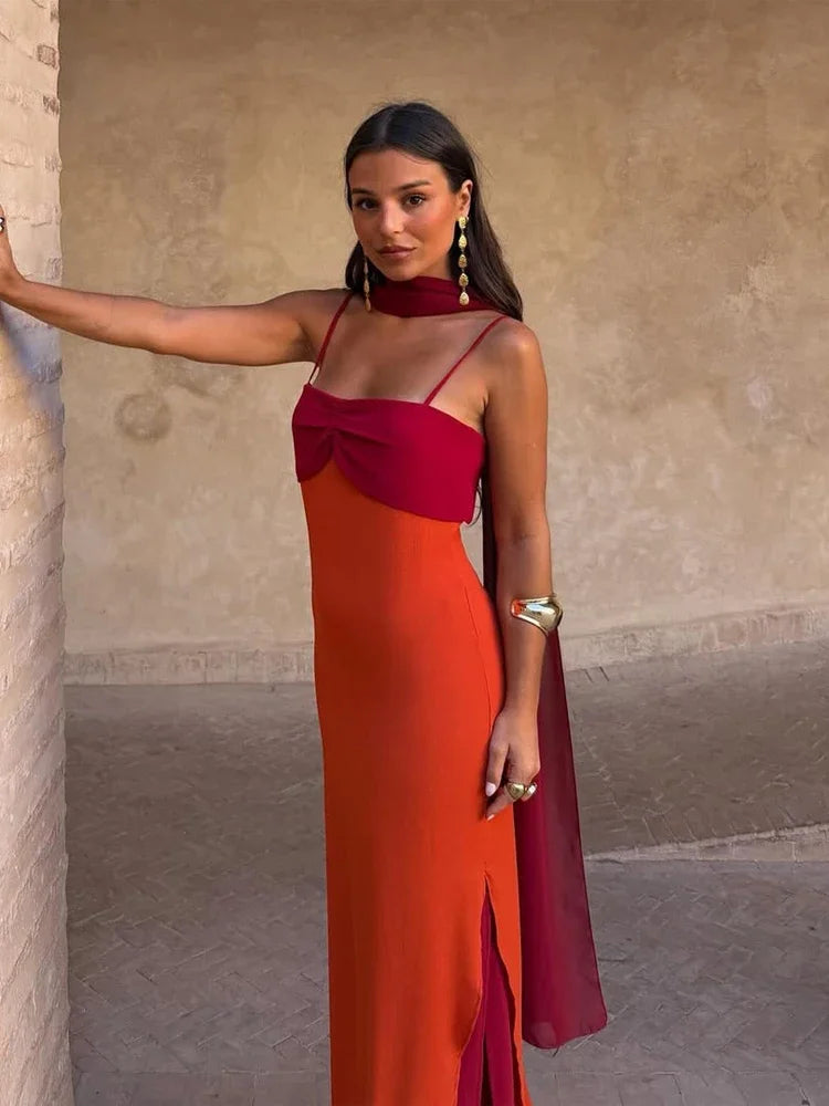 Blocking Scarf Collar Sling Dress Sexy Split Waist Cinching Bodycon Maxi Gowns LADYLYS