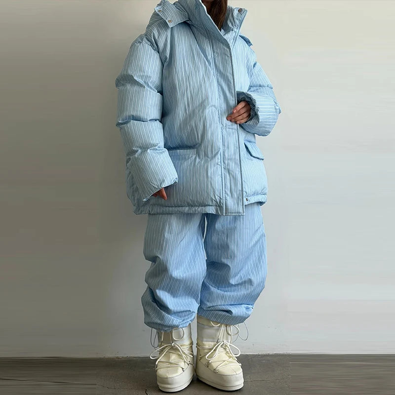 Women's Striped 2-Piece Set – Zip-Up Hooded Puffer Coat & Wide-Leg Jogger Pants | Warm Winter Suit