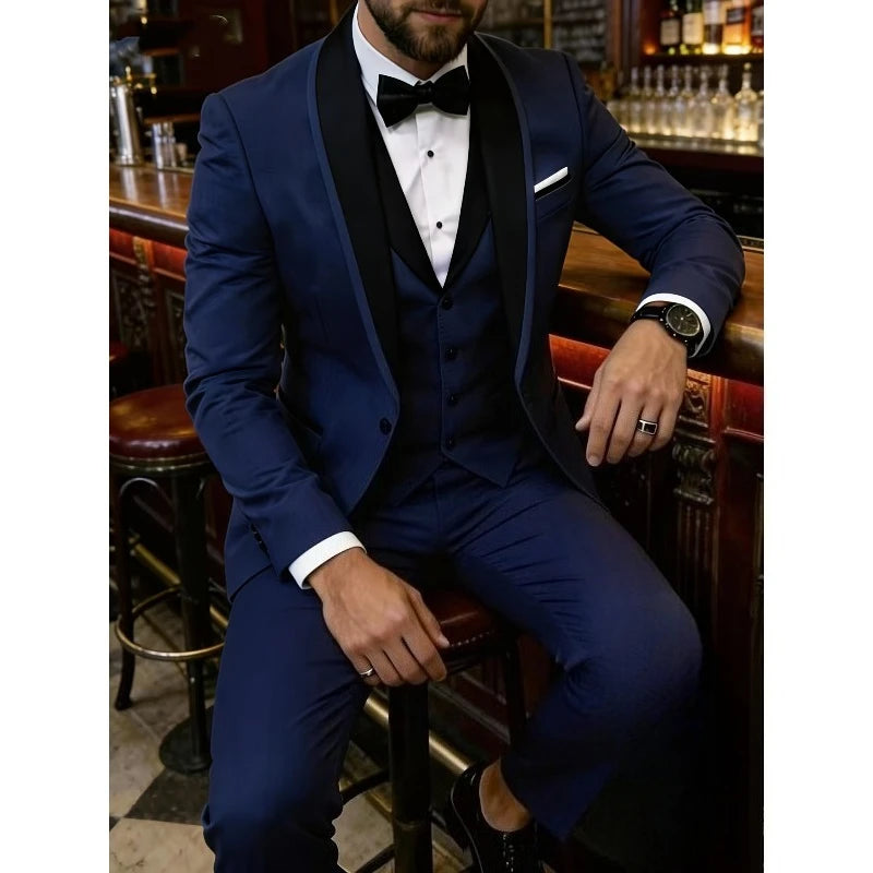 Men'S Blue Fruit Collar Three-Piece Formal Suit Set Shoulder-attached Collar Formal LADYLYS