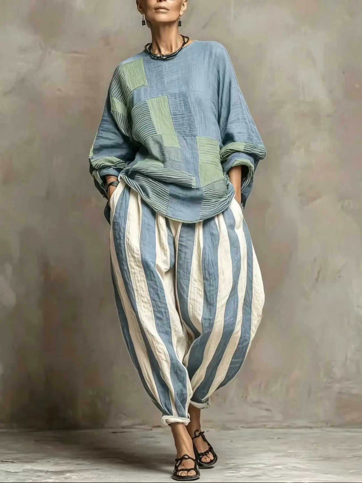 Women's Striped Patchwork 2-Piece Set – Loose Top & Harem Pants, Office Casual