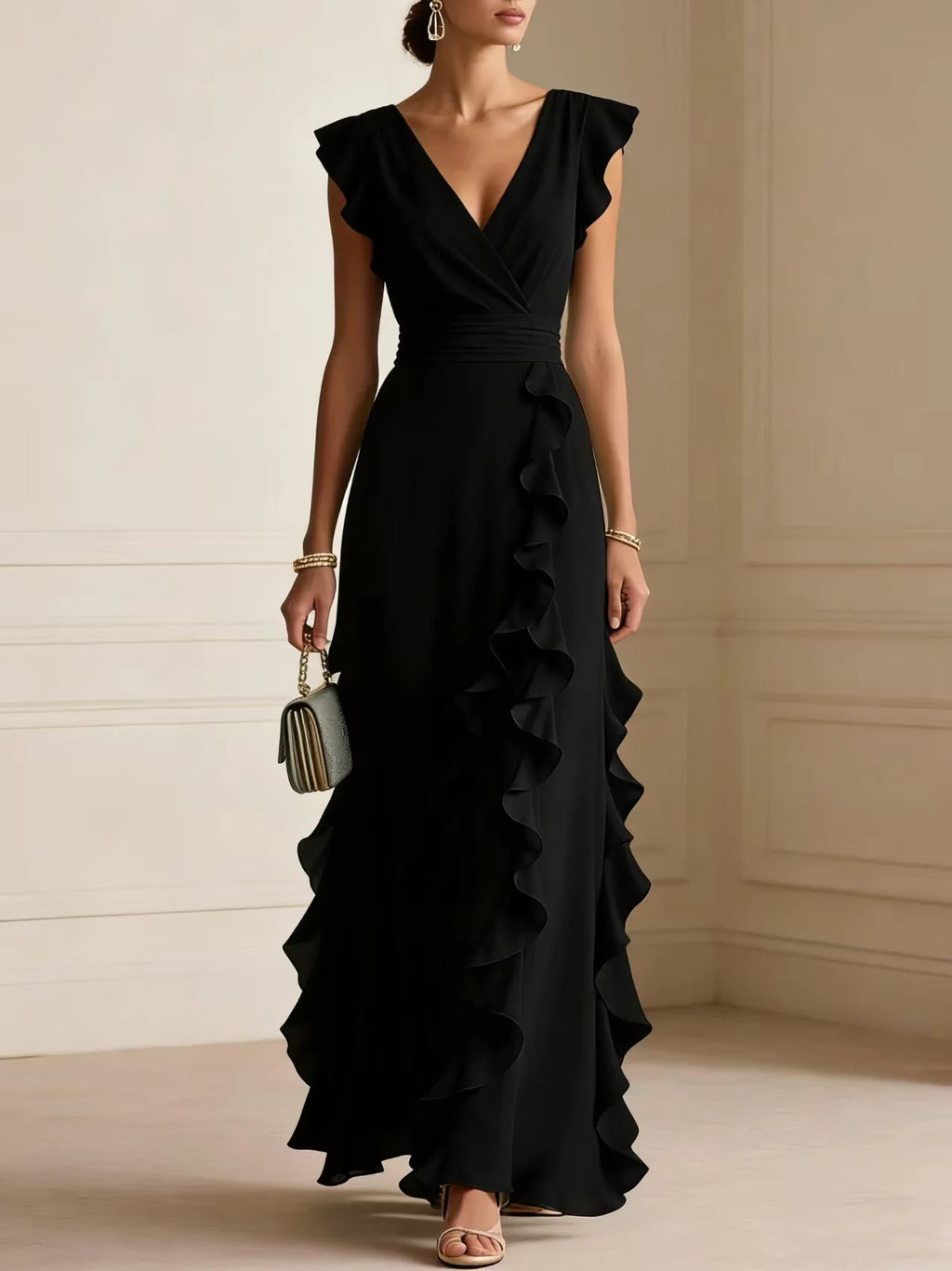 Women's Elegant Ruffle Sleeveless V-Neck Maxi Dress – Bohemian Party & Evening Gown