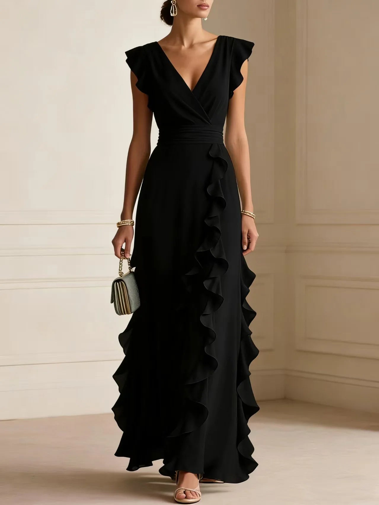 Women's Elegant Ruffle Sleeveless V-Neck Maxi Dress – Bohemian Party & Evening Gown