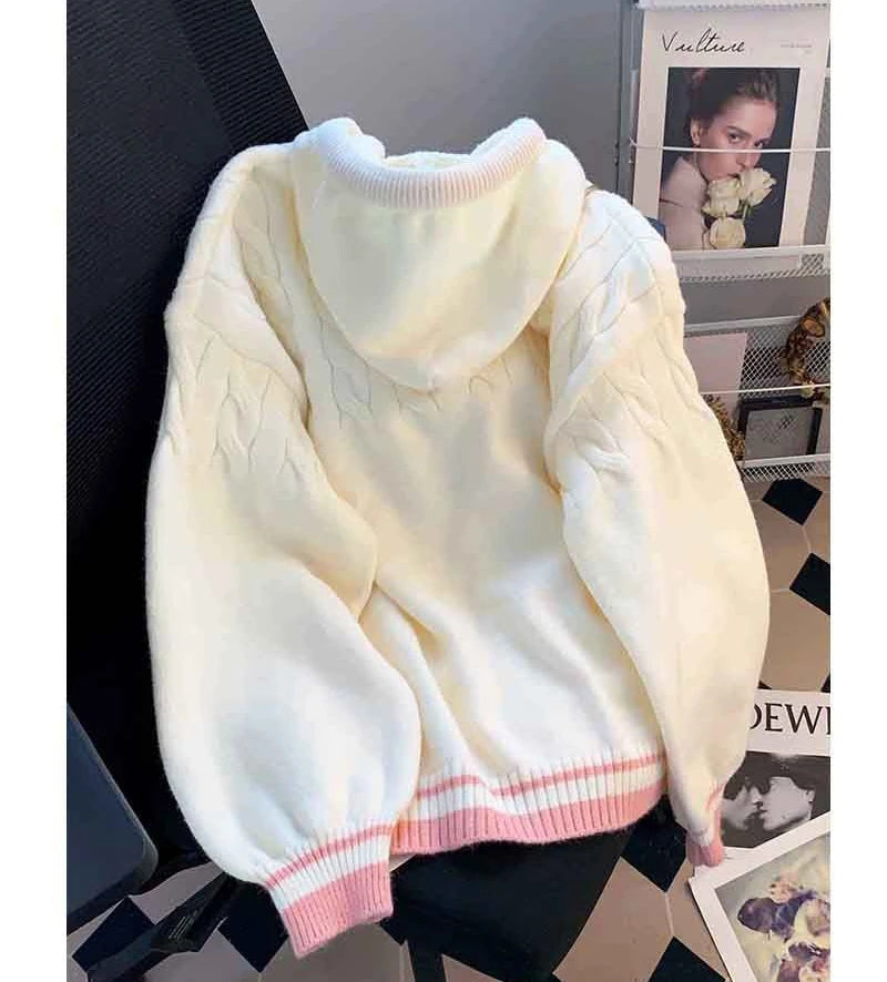 Women's White Hooded Knit Cardigan, Loose Fit