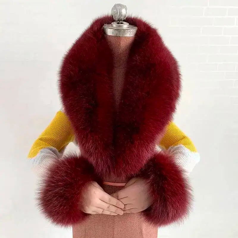 Women's Real Fur Collar and Cuffs Set, Fluffy Winter Scarf