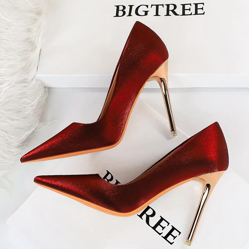 Women's Satin Stiletto Pumps – Pointed Toe Super High Heel Party Shoes with Bling Detail