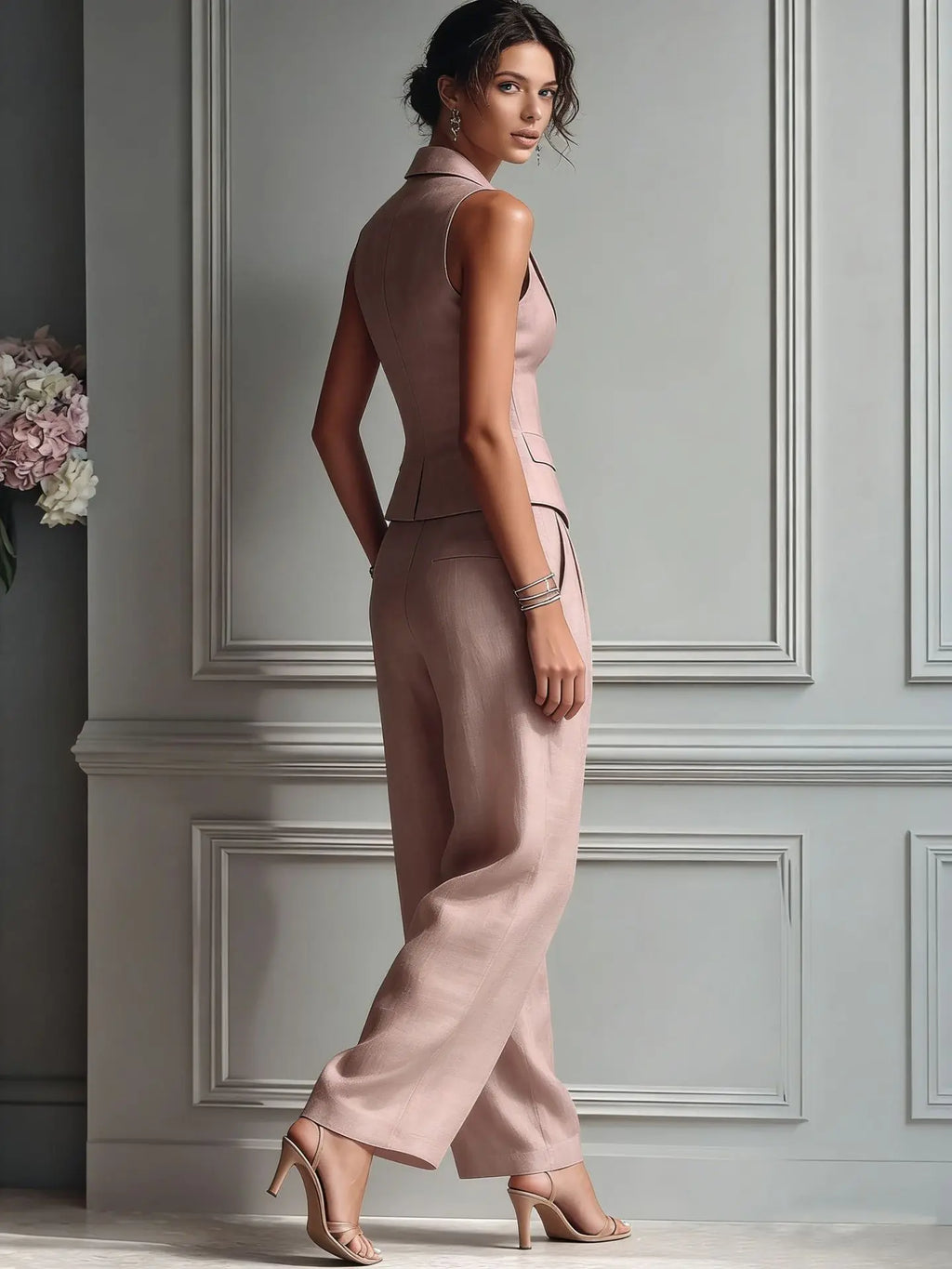 Sleeveless Vest & Wide-Leg Trousers 2-Piece Set – Women’s Office Suit