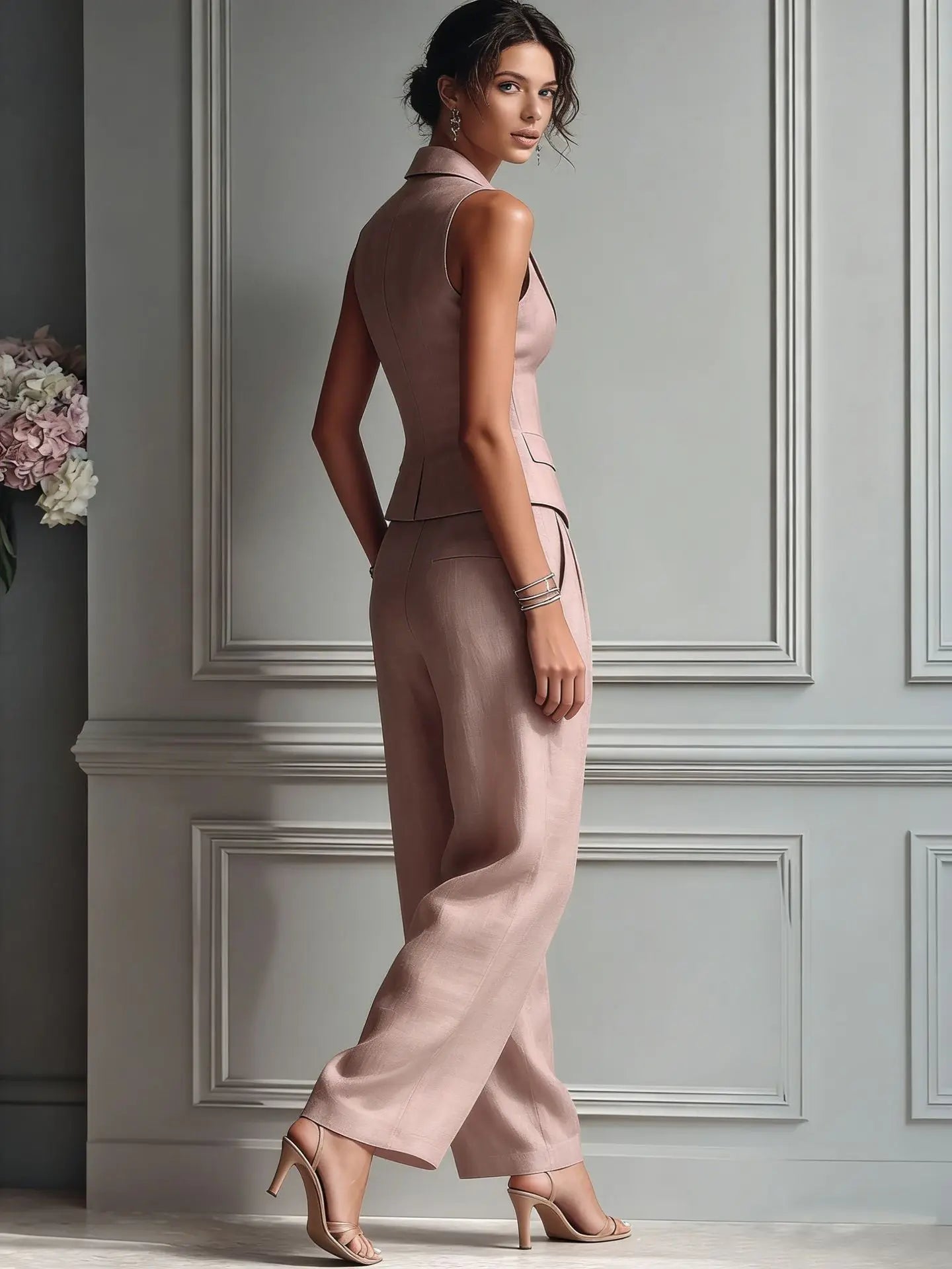 Sleeveless Vest & Wide-Leg Trousers 2-Piece Set – Women’s Office Suit