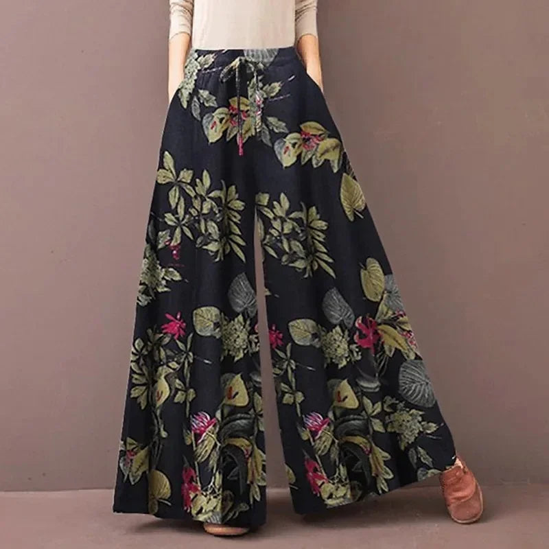 Women's Floral Print Wide Leg Pants — Drawstring Elastic Waist Bohemian Trousers | Plus Size