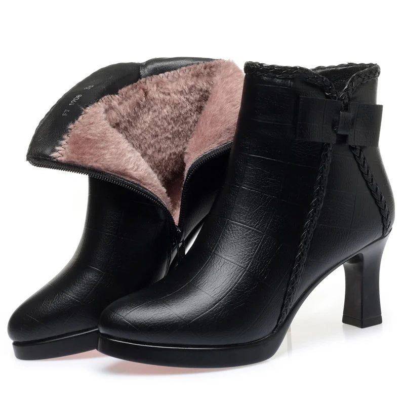 Women's Velvet Stiletto Ankle Boots – Pointed Toe Platform Booties with Bow Detail