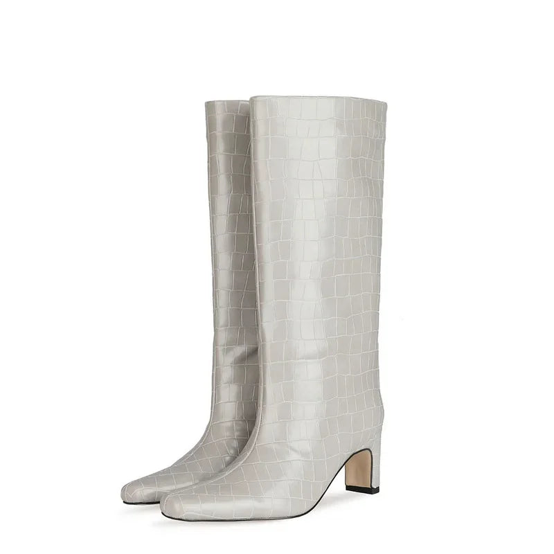Women's Patent Leather Knee-High Boots – Thick Square Heel Slip-On Winter Boots in 21 Colours