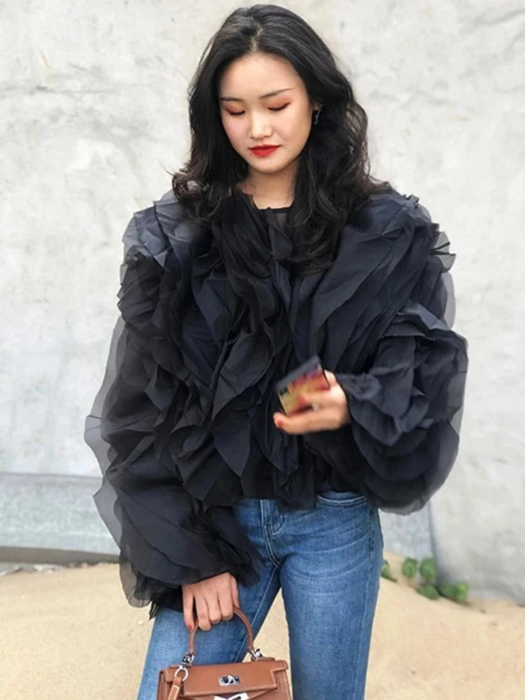 Vintage Patchwork Ruffle Shirt For Women O Neck Lantern Long Sleeve Solid Elegant Blouse