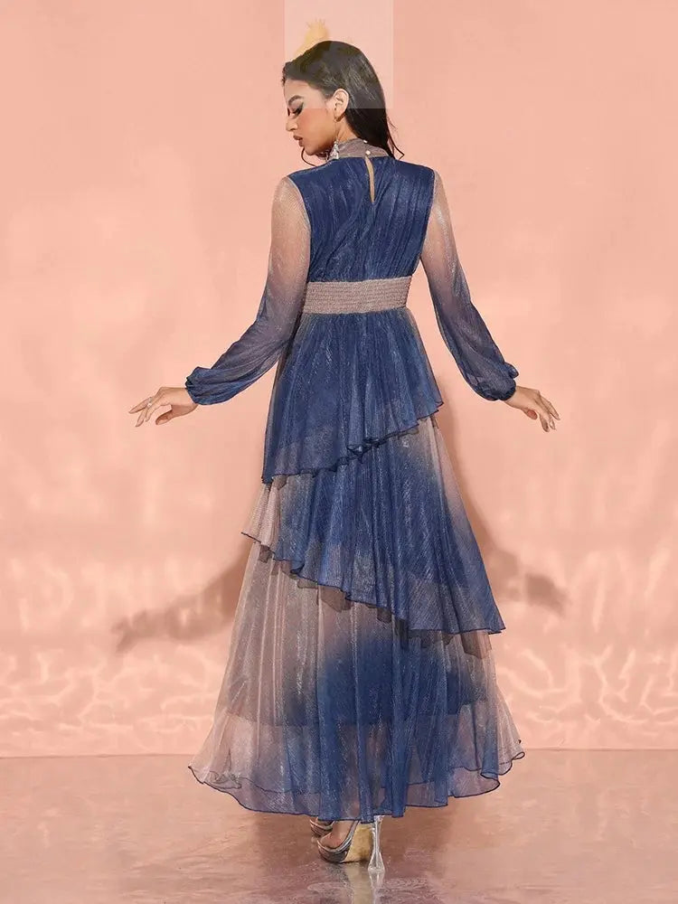 Luxury Elegant Dress With Stand Collar, Lantern Sleeves, And Ruffle LADYLYS