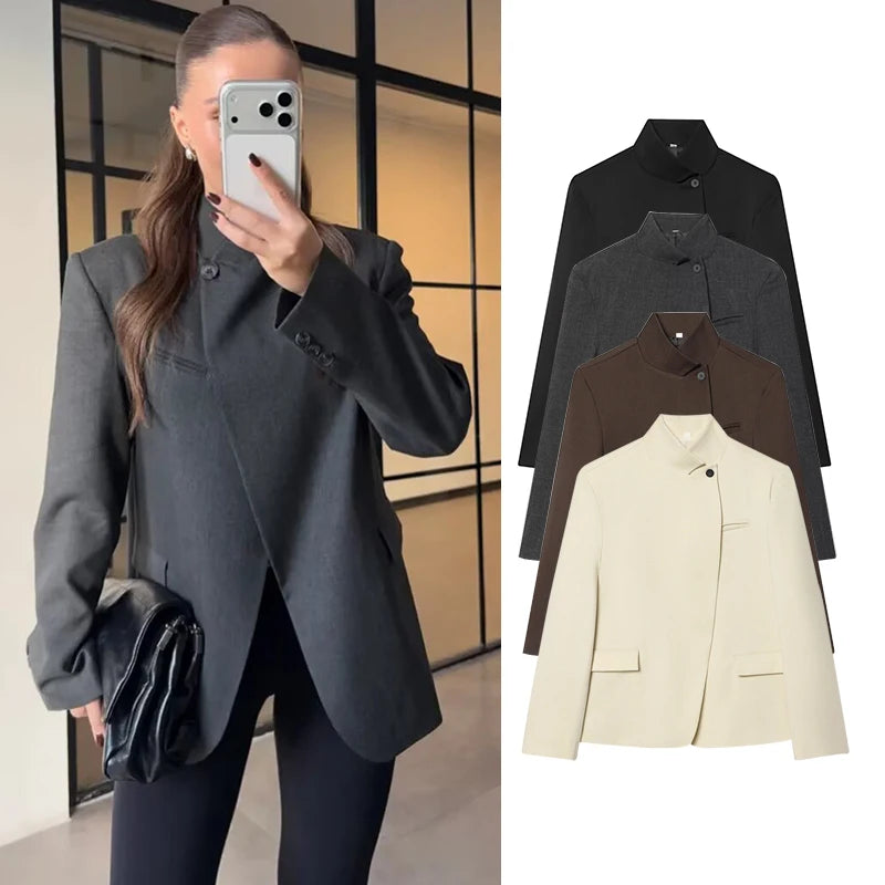 Women's Single-Button Stand Collar Blazer