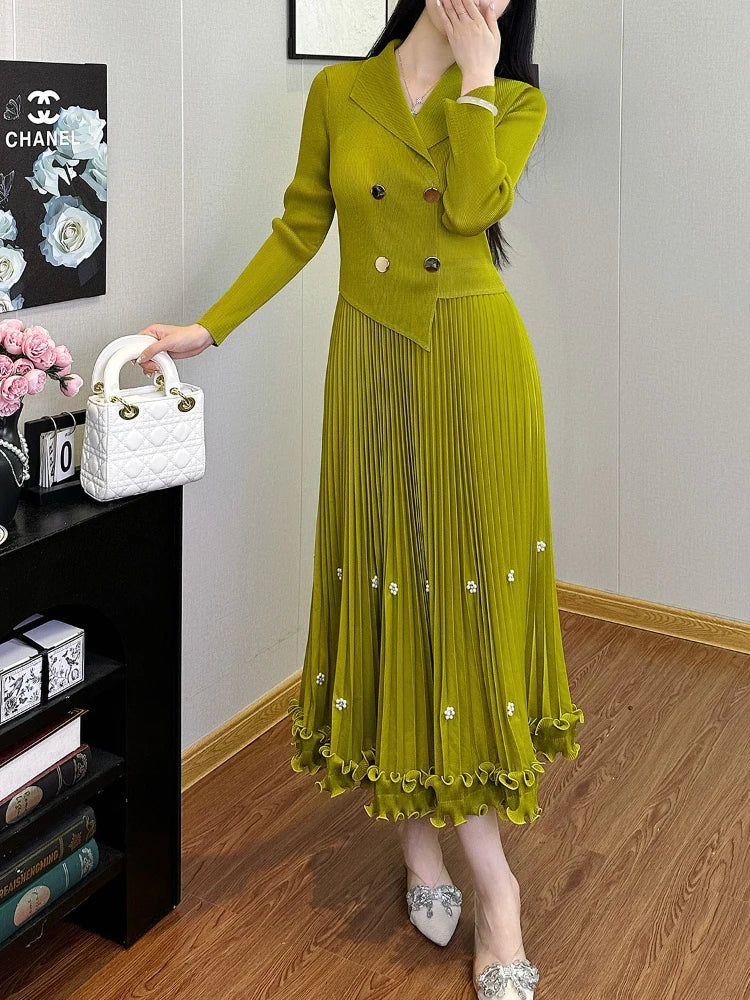 Miyake Pleated Long Dress – Double-Breasted Waist-Cinching A-Line Skirt